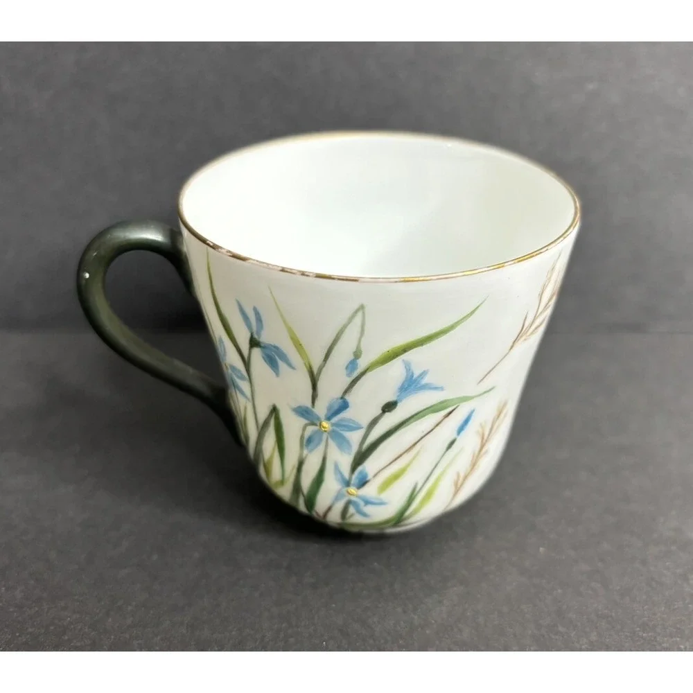 Antique 1997 Hand Painted Tea Cup and Saucer Blue Iris AJC LJC Demitasse